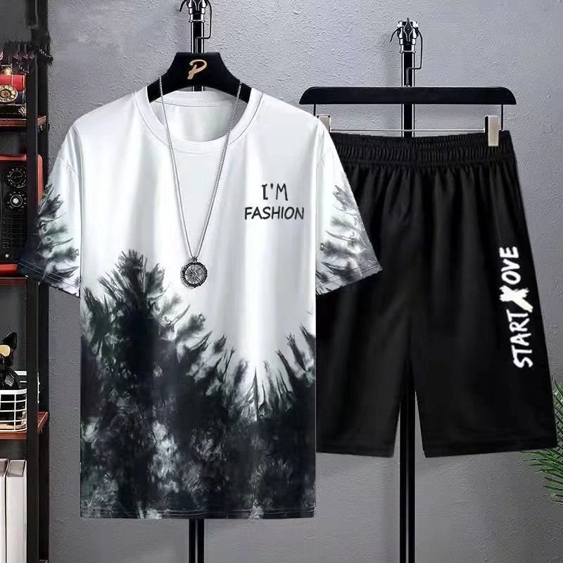 Mens Casual Sports Suit Summer Thin Ice Silk Short Sleeve Shorts Cartoon Print Trendy Outfit Forest suit dark green