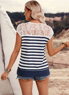 Shein Lace Splice Striped Women Short Sleeve Casual T-Shirt SHEIN  - Image 3