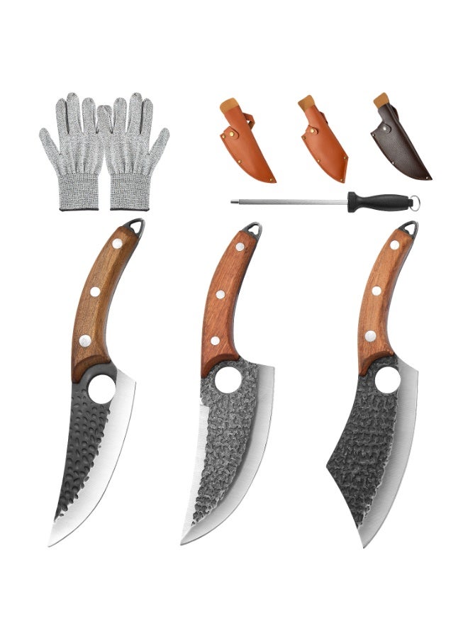 Hand forged kitchen knife set of 3 professional chef knives, barbecue cooking knives, high carbon steel forged kitchen knives, with leather cover and cut resistant gloves, fast delivery from local warehouse - Image 1
