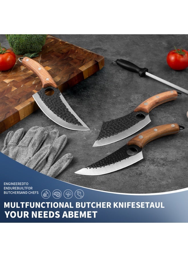 Hand forged kitchen knife set of 3 professional chef knives, barbecue cooking knives, high carbon steel forged kitchen knives, with leather cover and cut resistant gloves, fast delivery from local warehouse - Image 3