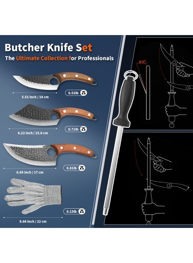 Hand forged kitchen knife set of 3 professional chef knives, barbecue cooking knives, high carbon steel forged kitchen knives, with leather cover and cut resistant gloves, fast delivery from local warehouse - Image 2