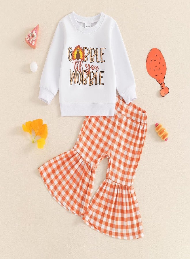 Karuedoo Toddler Baby Girl Thanksgiving Outfit Letter Print Crewneck Long Sleeve Sweatshirt Top and Flared Pants Set(White, 6-12 Months) - Image 2