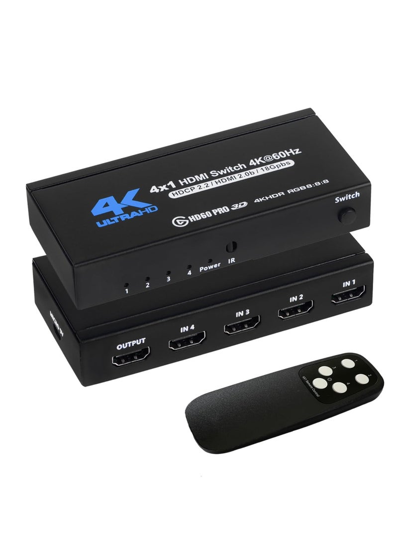 4K HDMI Switch 4x1, 4K@60Hz 4 in 1 Out HDMI Switcher Selector with IR Remote Control, Supports HDCP 2.2, 4K UltraHD HDR10, 3D, HD1080P, Dolby DTS, HDMI Splitter for PS4, Xbox, Apple TV, Fire Stick  - Image 1