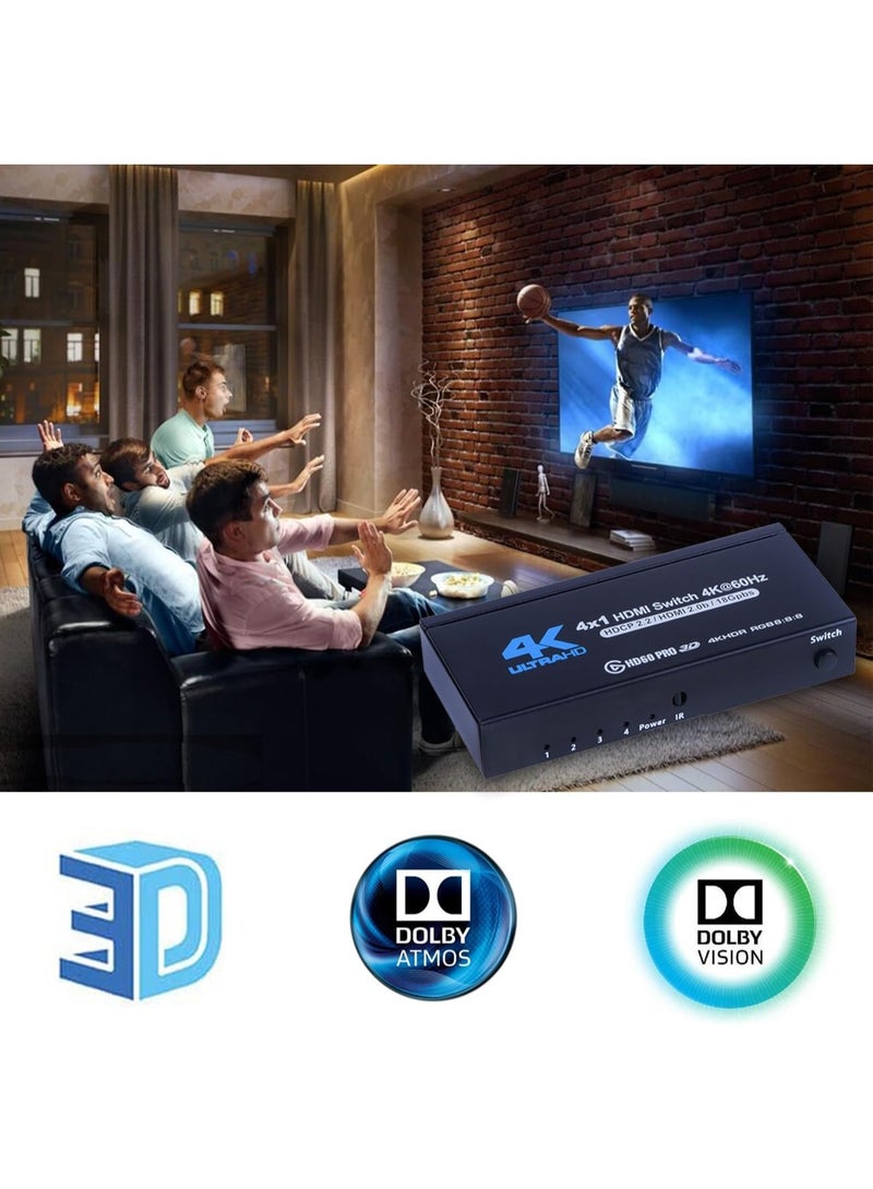 4K HDMI Switch 4x1, 4K@60Hz 4 in 1 Out HDMI Switcher Selector with IR Remote Control, Supports HDCP 2.2, 4K UltraHD HDR10, 3D, HD1080P, Dolby DTS, HDMI Splitter for PS4, Xbox, Apple TV, Fire Stick  - Image 2