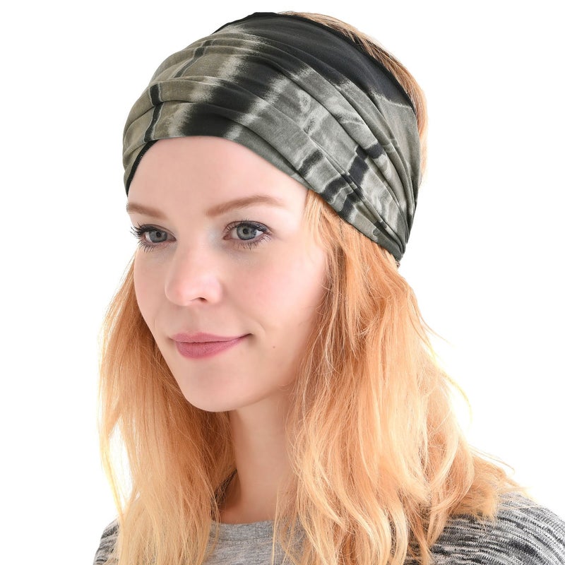 CHARM Tie Dye Bandana Headband For Women, Men's Loose Fitting Boho Headscarf, Wide Hand Dyed Hippie Hair Band For Dreads Black - Image 1