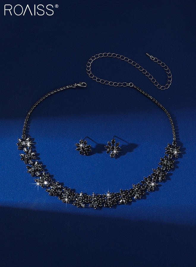 roaiss 3 Pcs Sparkling Jewelry Set for Women, Black Flower Necklace Earrings, Luxury Rhinestone Elegant Necklace Exquisite Accessory for Parties Weddings Perfect for Holiday Gifts - Image 4