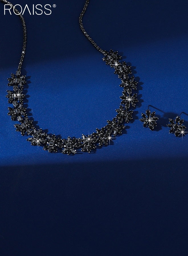 roaiss 3 Pcs Sparkling Jewelry Set for Women, Black Flower Necklace Earrings, Luxury Rhinestone Elegant Necklace Exquisite Accessory for Parties Weddings Perfect for Holiday Gifts - Image 5