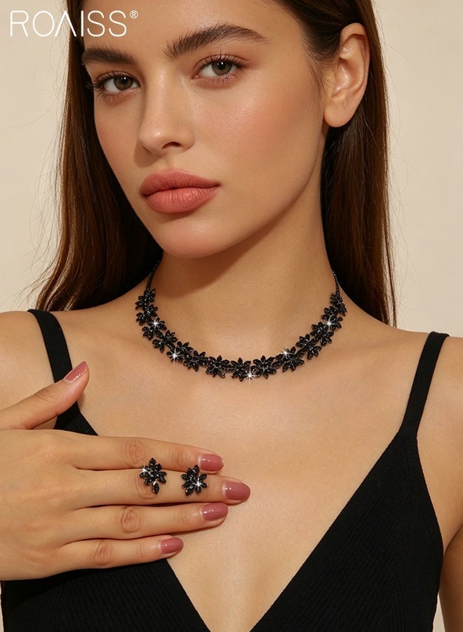 roaiss 3 Pcs Sparkling Jewelry Set for Women, Black Flower Necklace Earrings, Luxury Rhinestone Elegant Necklace Exquisite Accessory for Parties Weddings Perfect for Holiday Gifts - Image 3