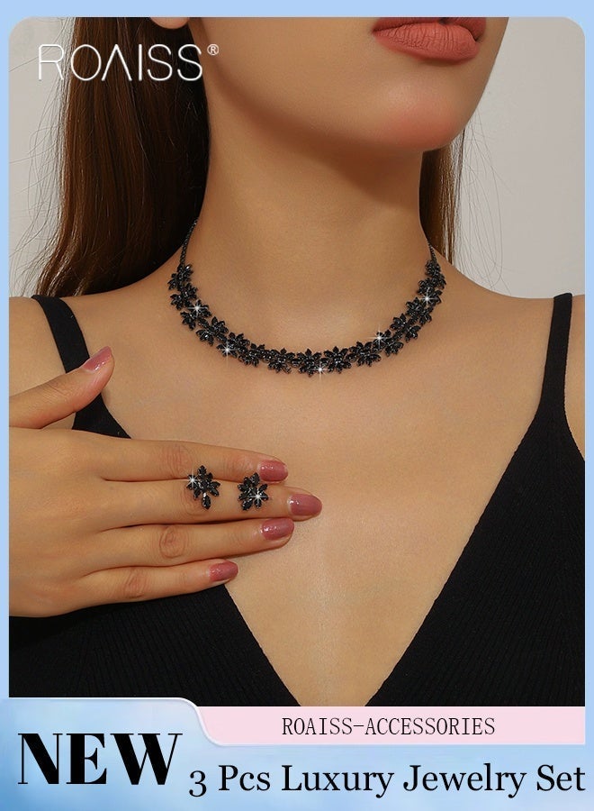 roaiss 3 Pcs Sparkling Jewelry Set for Women, Black Flower Necklace Earrings, Luxury Rhinestone Elegant Necklace Exquisite Accessory for Parties Weddings Perfect for Holiday Gifts - Image 1