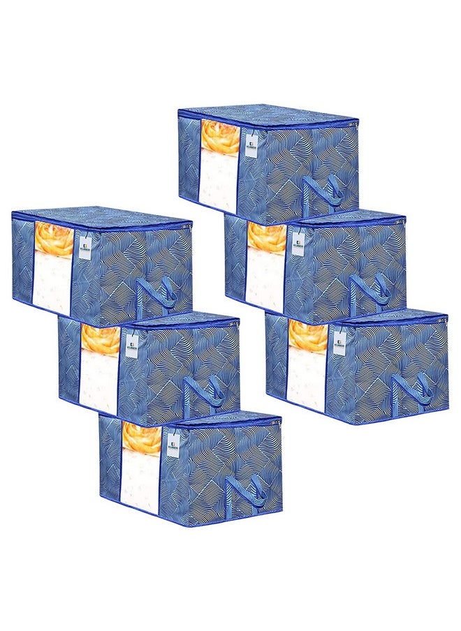 Kuber Industries Kuber Industries Lahariya Print Underbed Storage Bag|Non-Woven Comforter, Blanket Cover|Premium Zipper With Side Handles|Multi-purpose Storage Organiser|Pack of 6 (Blue)  - Image 1