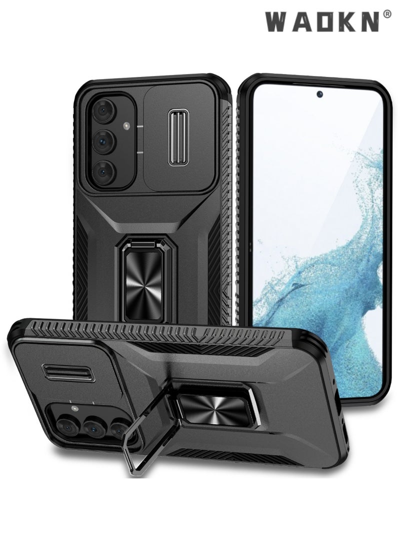 WAOKN For Samsung Galaxy A55 5G Case, Slide Camera Cover, Built-in 360° Rotate Ring Kickstand, Grade Shockproof Test, Heavy Duty Shockproof Protective Case for Galaxy A55 5G Black  - Image 1