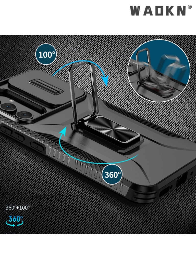 WAOKN For Samsung Galaxy A55 5G Case, Slide Camera Cover, Built-in 360° Rotate Ring Kickstand, Grade Shockproof Test, Heavy Duty Shockproof Protective Case for Galaxy A55 5G Black  - Image 3