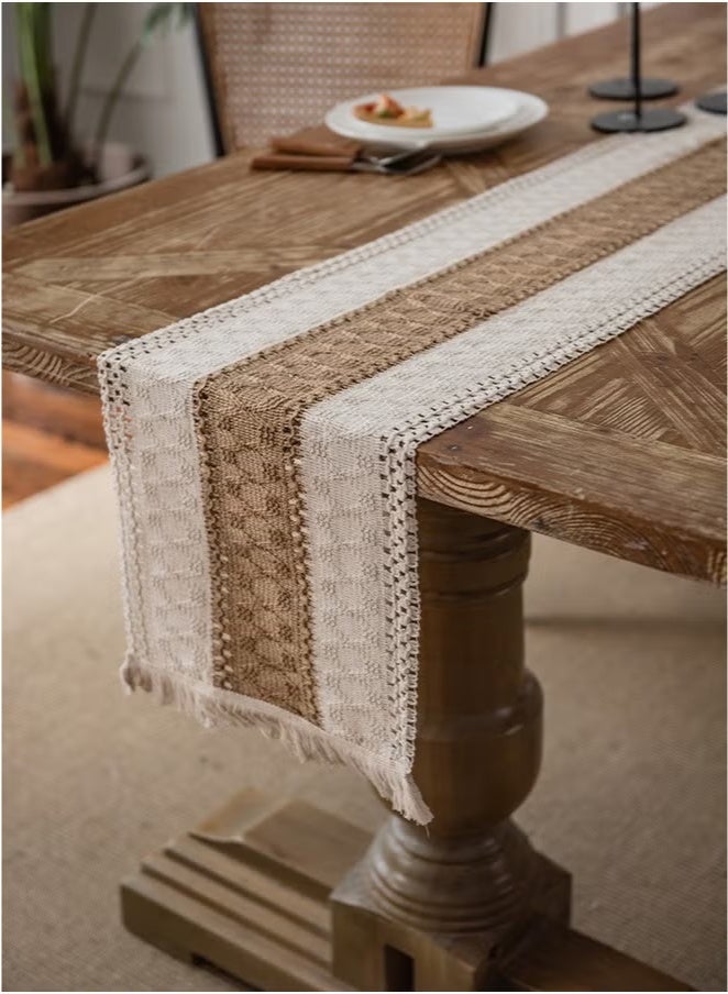 jisimu Natural Burlap Table Runner, Modern Farmhouse Decor Rustic Woven Cotton Crochet Lace 30*180cm - Image 2