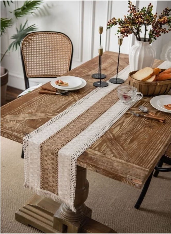 jisimu Natural Burlap Table Runner, Modern Farmhouse Decor Rustic Woven Cotton Crochet Lace 30*180cm - Image 1