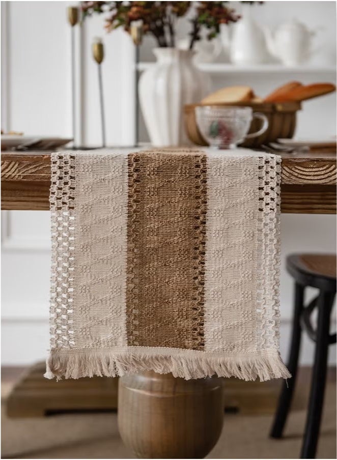 jisimu Natural Burlap Table Runner, Modern Farmhouse Decor Rustic Woven Cotton Crochet Lace 30*180cm - Image 4