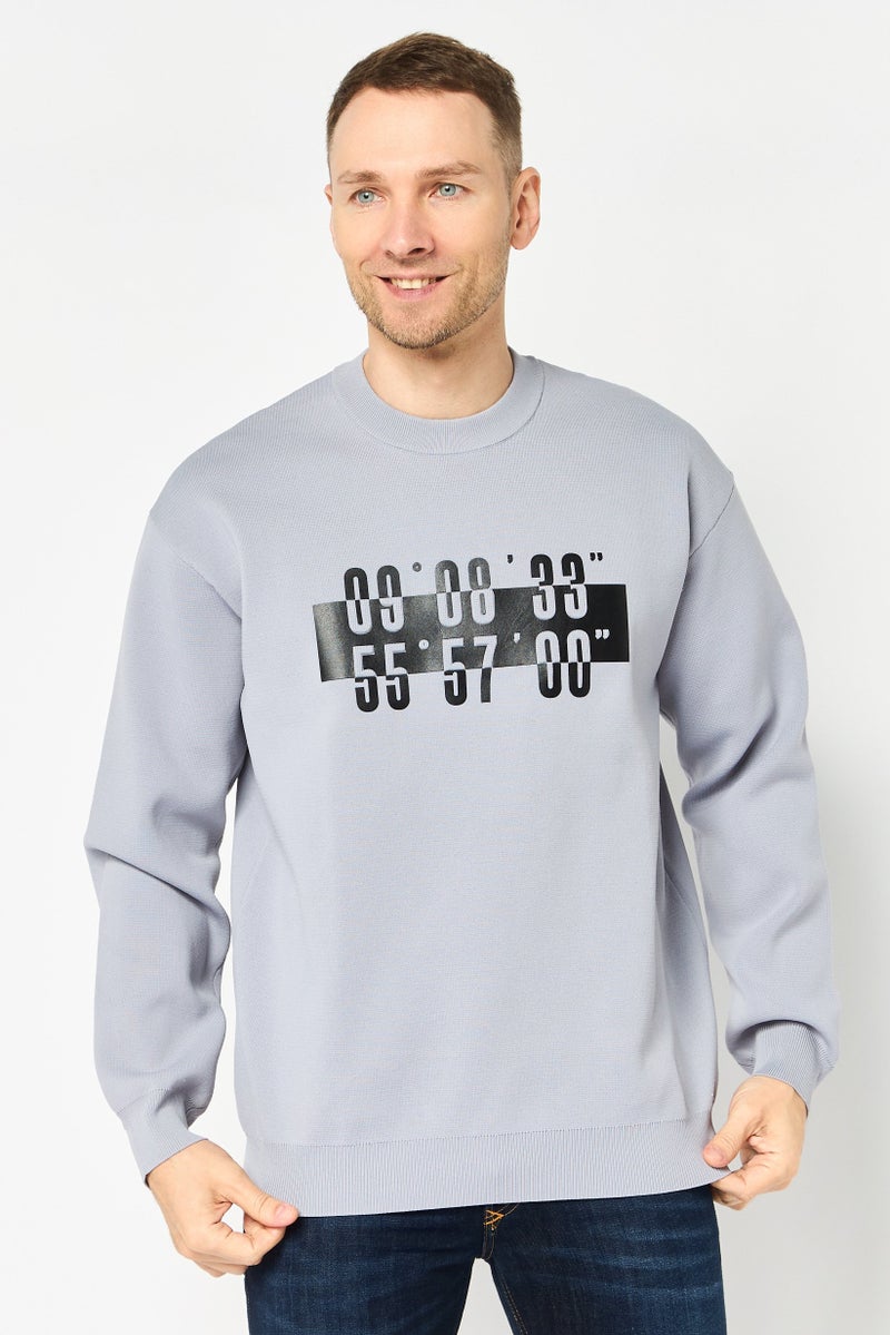 SELECTED Men Crew Neck Long Sleeve Graphic Print Sweatshirt, Grey - Image 1