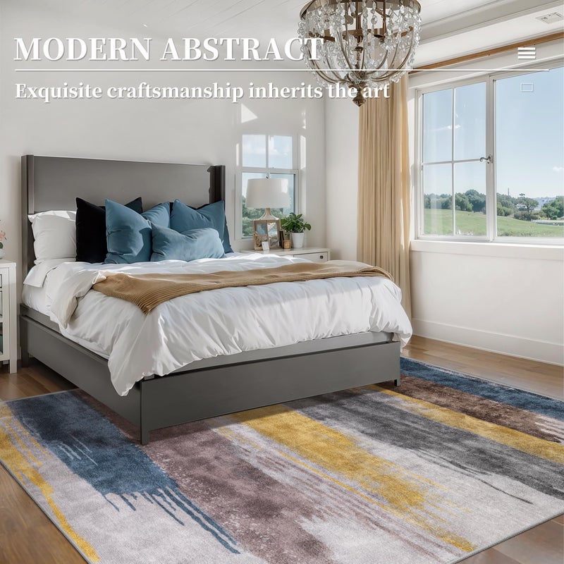 Ciicool Modern Abstract Rug for Living Room, 5'x7' Machine Washable Area Rug Non-Slip Rug, Low-Pile Contemporary Indoor Dining Floor Carpet for Bedroom Office Under Table Home Decor Yellow Blue Gray - Image 2