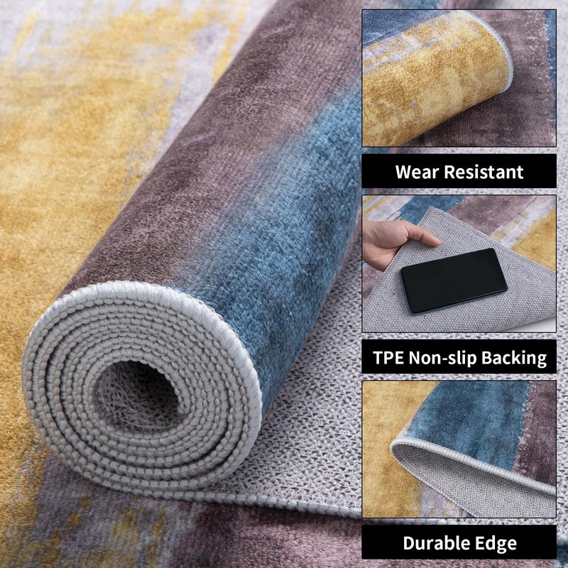 Ciicool Modern Abstract Rug for Living Room, 5'x7' Machine Washable Area Rug Non-Slip Rug, Low-Pile Contemporary Indoor Dining Floor Carpet for Bedroom Office Under Table Home Decor Yellow Blue Gray - Image 3