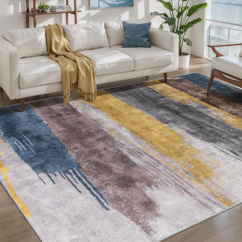 Ciicool Modern Abstract Rug for Living Room, 5'x7' Machine Washable Area Rug Non-Slip Rug, Low-Pile Contemporary Indoor Dining Floor Carpet for Bedroom Office Under Table Home Decor Yellow Blue Gray - Image 1