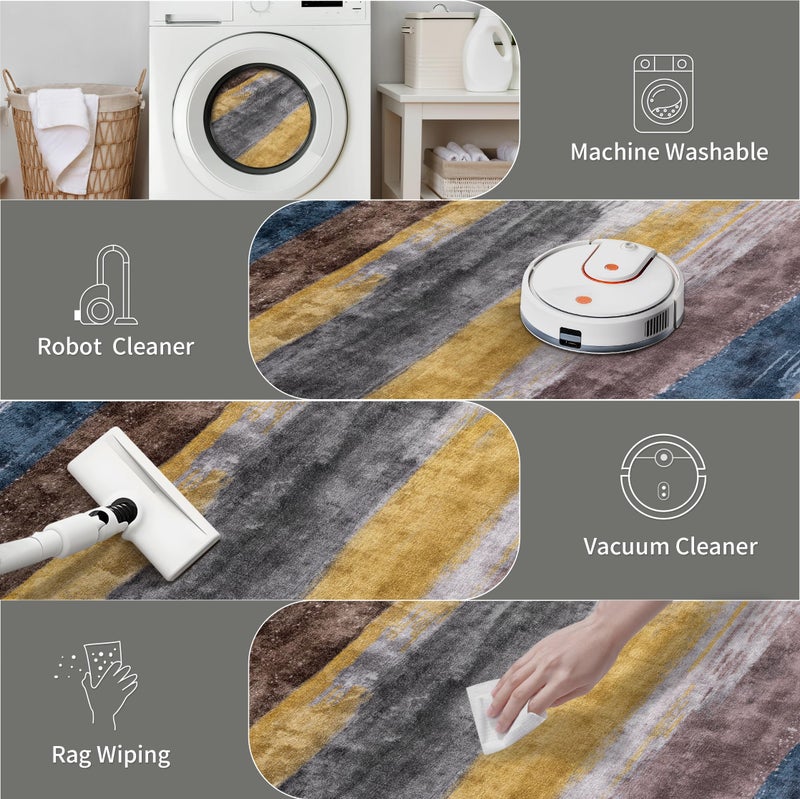 Ciicool Modern Abstract Rug for Living Room, 5'x7' Machine Washable Area Rug Non-Slip Rug, Low-Pile Contemporary Indoor Dining Floor Carpet for Bedroom Office Under Table Home Decor Yellow Blue Gray - Image 4