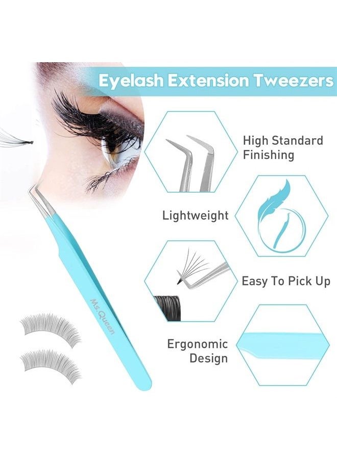 Ms.Queen - Lash Tweezers for Eyelash Extensions, Precision Fiber Tip 90 Degree Tweezers for Mega Volume Lashes Extensions, Blue - Image 1