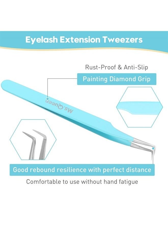 Ms.Queen - Lash Tweezers for Eyelash Extensions, Precision Fiber Tip 90 Degree Tweezers for Mega Volume Lashes Extensions, Blue - Image 1