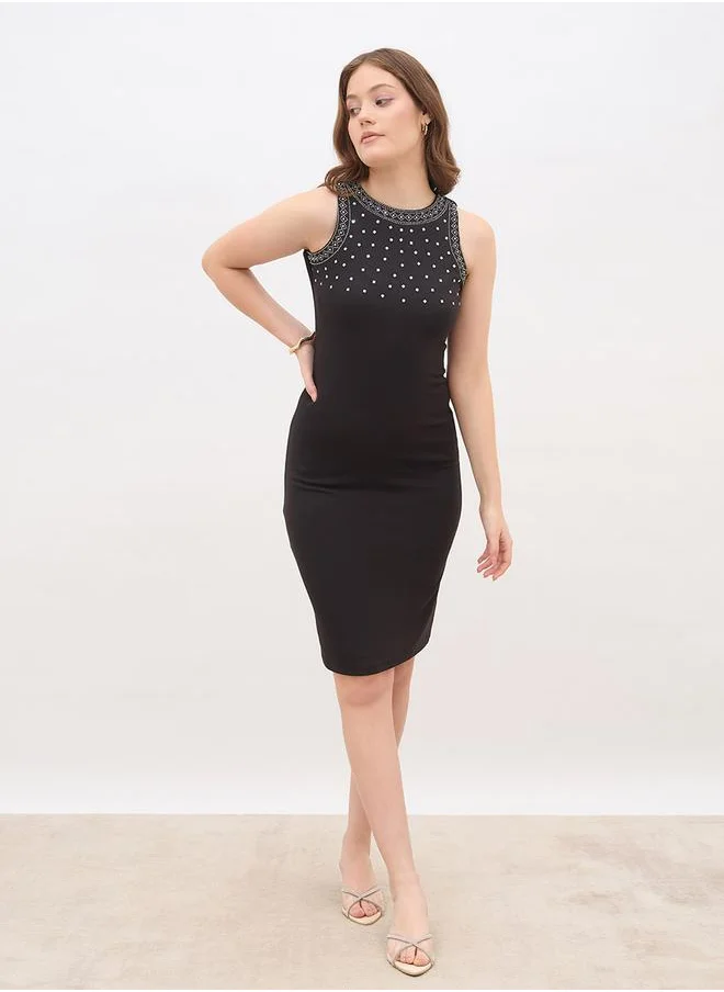 ستايلي Styli Embellished Round Neck Sheath Knee-Length Dress