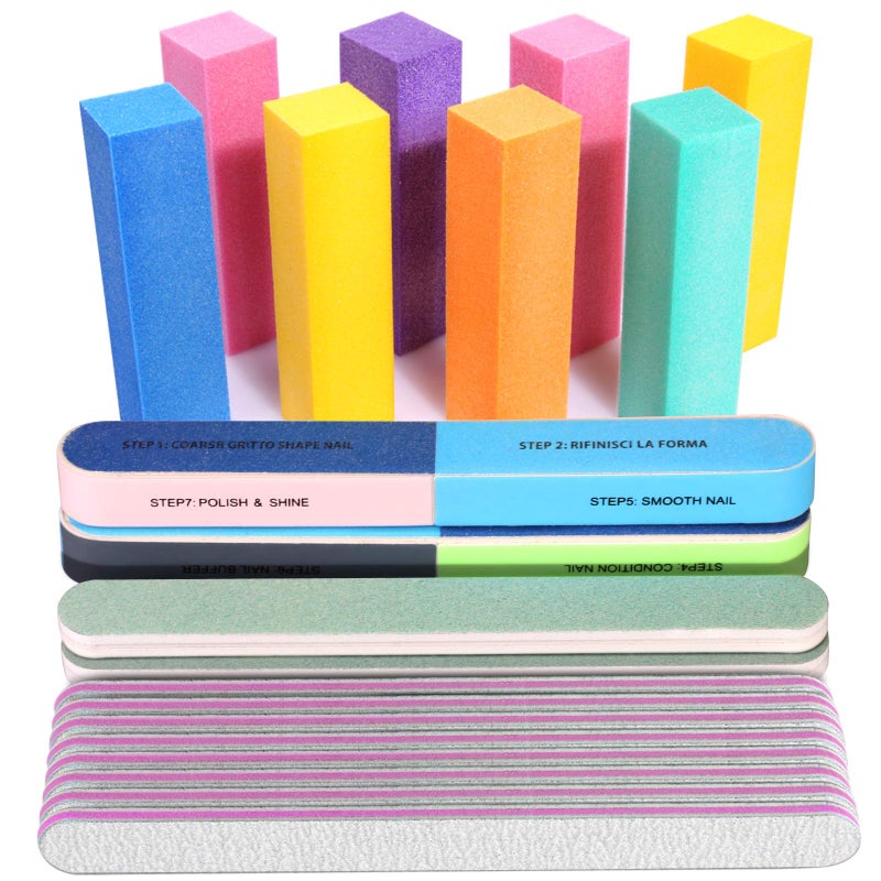 FANDAMEI Nail File and Buffer, Professional Manicure Tools Kit. 8PCS Rectangular Nail Buffer Block, 8PCS Nail File, 2PCS 7 Way Nail File & 2PCS Nail Polishing Buffer. Nail Care File Buffer Tool - Image 1