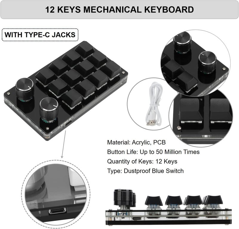 KUIDAMOS 12 Key Mechanical Numpad Mini Mechanical Gaming KeyboardMacro Keyboard Knob with Knob Function and Type C to USB Interface Mini One Handed One Click Start for Linux OS XBlack - Image 2