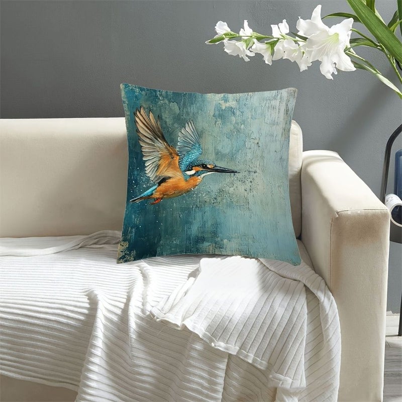 غطاء وسادة زخرفي واحد مقاس 18 × 18 بوصة، تصميم مسطح مطبوع على الوجهين، طيور باللون الأزرق المخضر، نمط تقليدي، إغلاق بسحاب، لتزيين المنزل وغرفة المعيشة وغرفة النوم - Image 5