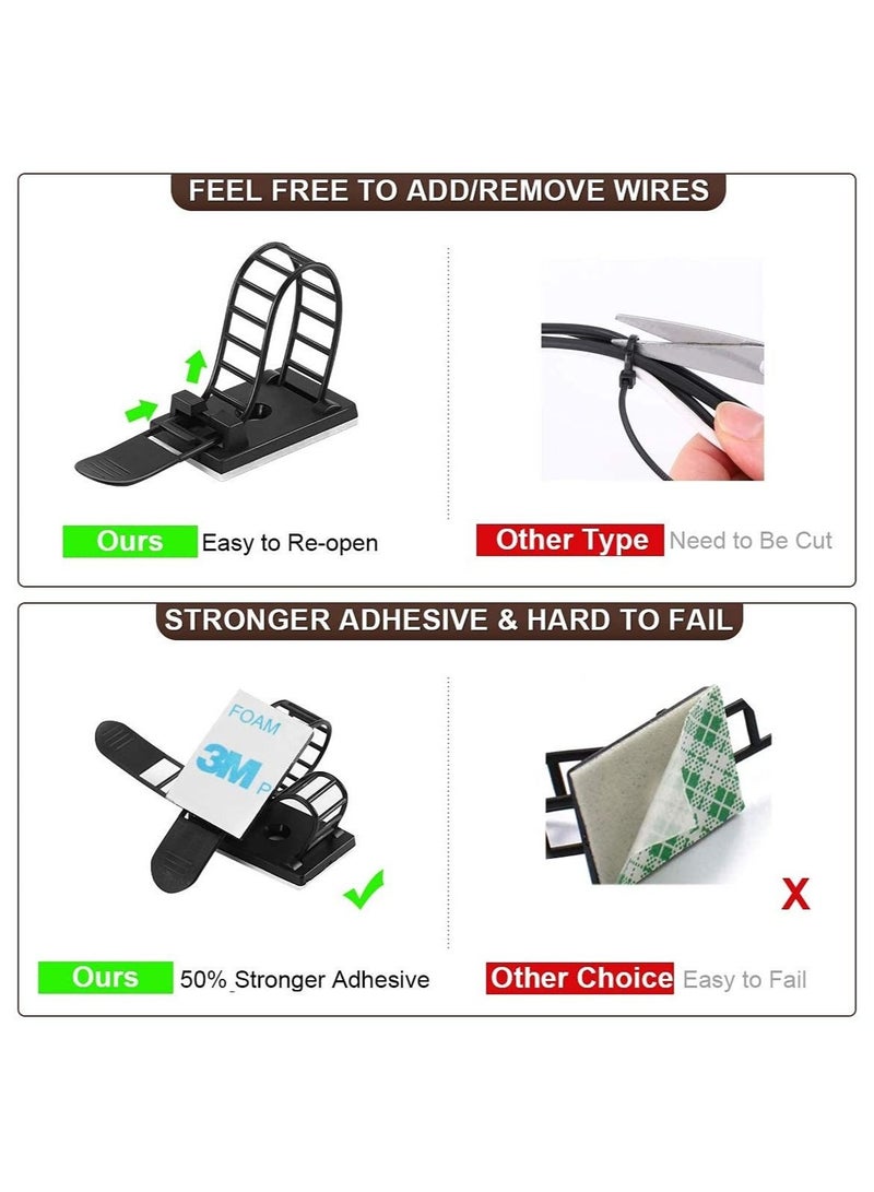 Captaintech Adhesive Cable Management Clips Adjustable Nylon Cable Strap Ties Wire Clamps Organizer with Strong Adhesive Tape Extra Screw & Hole for Strong Fixation Home Office 3.55 Inch Black 50 Pcs - Image 4