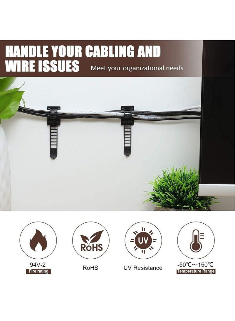 Captaintech Adhesive Cable Management Clips Adjustable Nylon Cable Strap Ties Wire Clamps Organizer with Strong Adhesive Tape Extra Screw & Hole for Strong Fixation Home Office 3.55 Inch Black 50 Pcs - Image 2