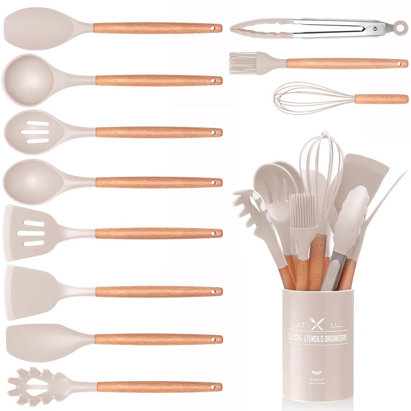 12 PCS Kitchen Utensil Set Silicone Cooking Utensils with Holder Natural Wooden Handle Cookware Tongs Spatula Spoon Set Non Stick  Heat Resistant Dishwasher Safe Khaki