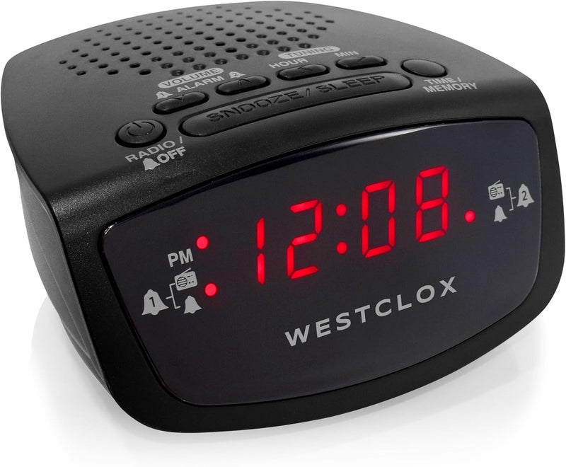 Westclox Dual Alarm Clock Radio 06 Red LED Display FM Radio with 20 Presets Adjustable Brightness Snooze  Battery Backup Digital FM Clock Radio Alarm for Bedrooms Black - Image 1