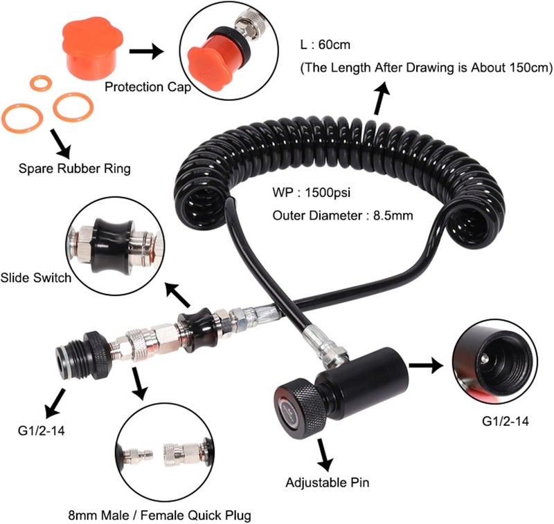 TUXING Heavy Duty Paintball Tank Remote Coil Remote Line for HPA High Pressure Air Compressed / CO2 Tanks with O-Ring and Protection Cap,G1/2-14 - Image 2
