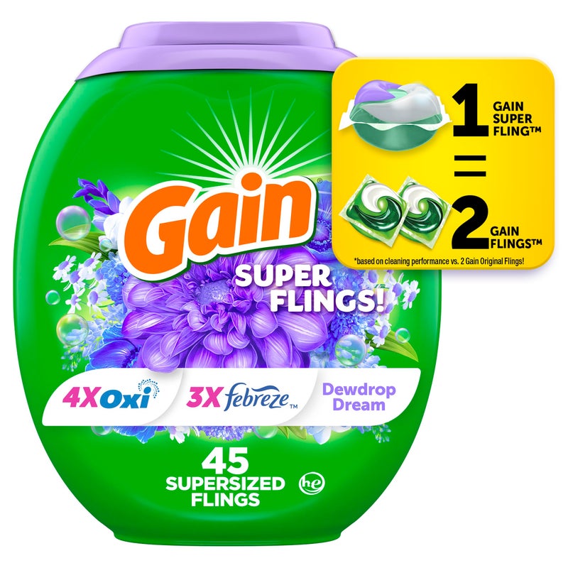 Gain Super Sized Flings Laundry Detergent Pacs 45 Count Dewdrop Dream Scent