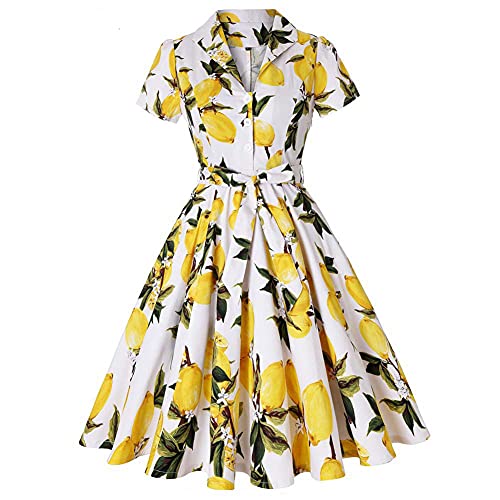 IWEMEK Women Notch Lapel Vintage Short Sleeve V-Neck Cocktail Swing Dress Fruit Lemon Print 50s 60s Audrey Hepburn Rockabilly Prom Dress Button up A Line Wedding Party Evening Dress with Belt Yellow Large - Image 5