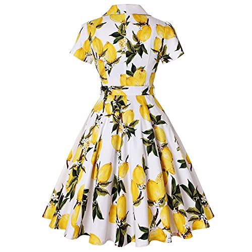 IWEMEK Women Notch Lapel Vintage Short Sleeve V-Neck Cocktail Swing Dress Fruit Lemon Print 50s 60s Audrey Hepburn Rockabilly Prom Dress Button up A Line Wedding Party Evening Dress with Belt Yellow Large - Image 2