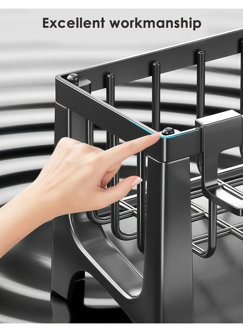 شو وو رف تصريف حوض المطبخ، حامل إسفنج، منظم حوض المطبخ، حامل حوض، منظم حوض، موزع صابون، حامل إسفنج (أسود مع رف مناشف) - Image 5