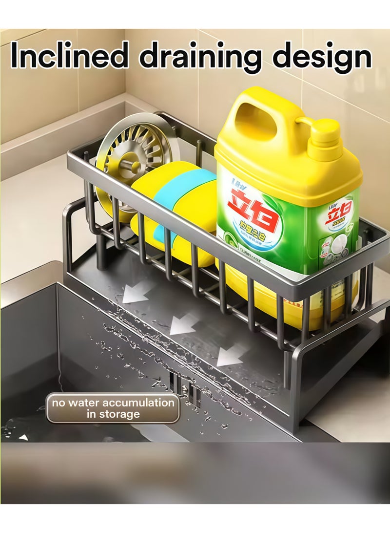 شو وو رف تصريف حوض المطبخ، حامل إسفنج، منظم حوض المطبخ، حامل حوض، منظم حوض، موزع صابون، حامل إسفنج (أسود مع رف مناشف) - Image 3