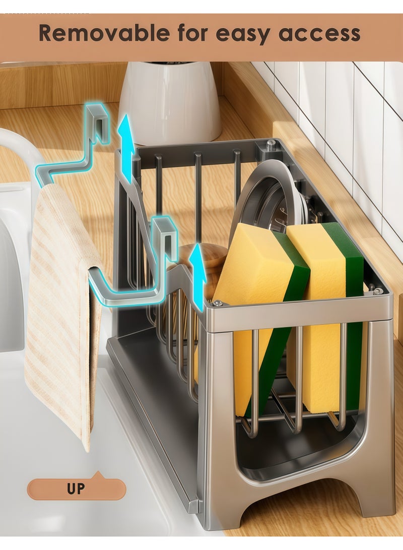 شو وو رف تصريف حوض المطبخ، حامل إسفنج، منظم حوض المطبخ، حامل حوض، منظم حوض، موزع صابون، حامل إسفنج (أسود مع رف مناشف) - Image 4