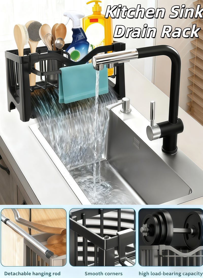 شو وو رف تصريف حوض المطبخ، حامل إسفنج، منظم حوض المطبخ، حامل حوض، منظم حوض، موزع صابون، حامل إسفنج (أسود مع رف مناشف) - Image 1