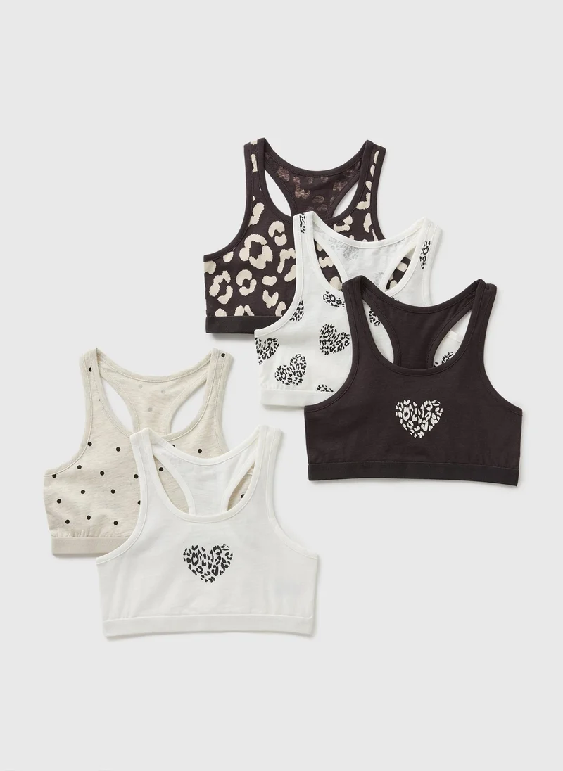 Matalan 5 Pack Black Mono Leopard Racer Crop Tops