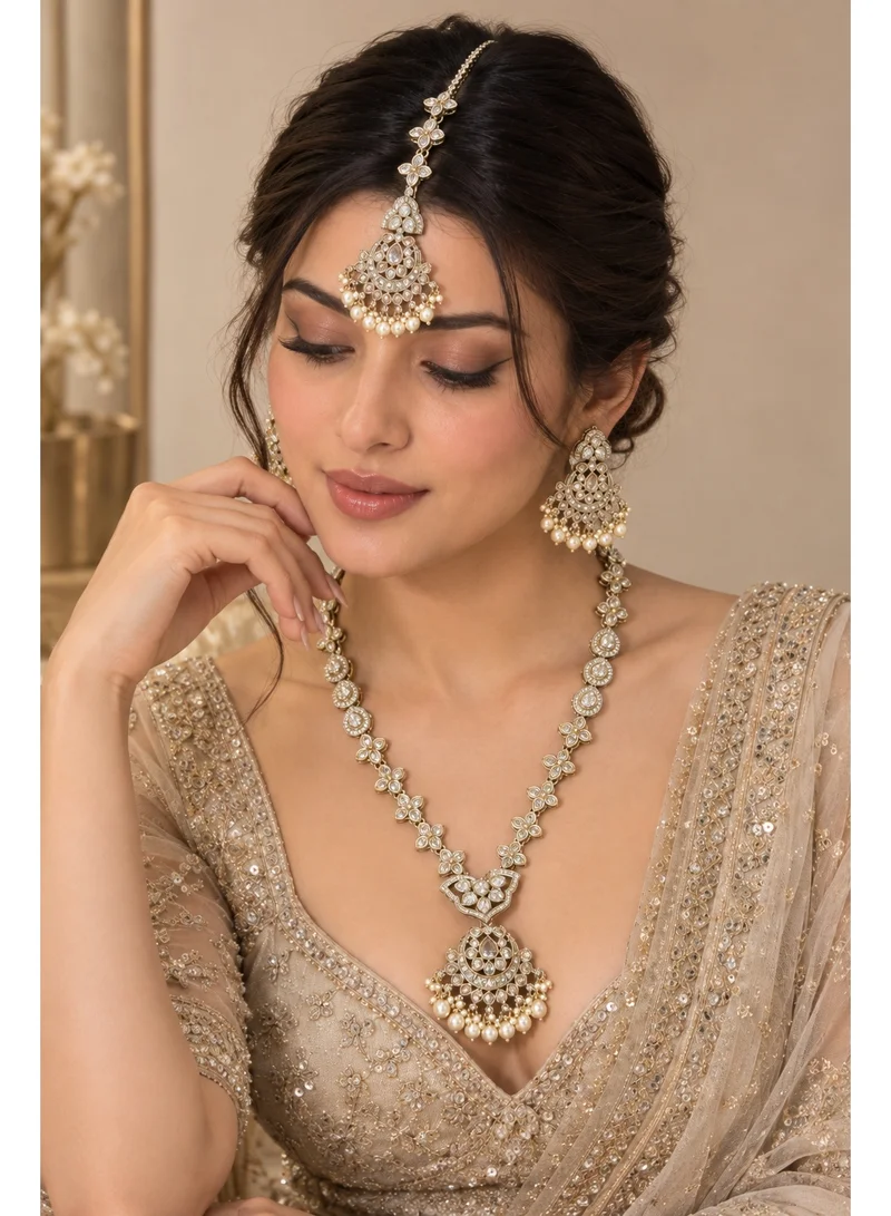 Lehar Long Kundan & Pearl Necklace Set with Earrings & Maang Tikka - Indian Bridal Rani Haar Jewelry