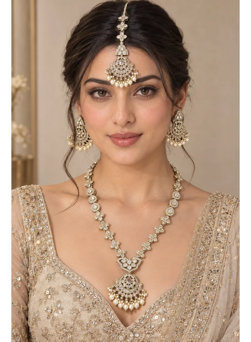 Lehar Long Kundan & Pearl Necklace Set with Earrings & Maang Tikka - Indian Bridal Rani Haar Jewelry