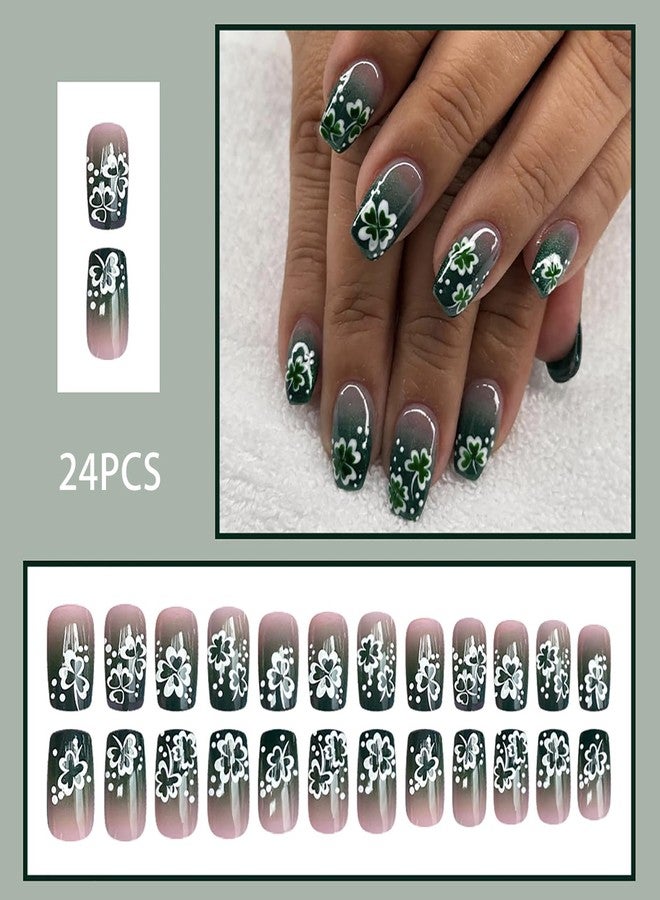 GRITOSE 24Pcs St. Patrick's Day Square Press on Nails Short Medium Fake Nails with Lucky Clover Pattern Design Green Gradient False Nails St. Patrick's Day Nails Press ons Spring Glue on Nail for Women - Image 2