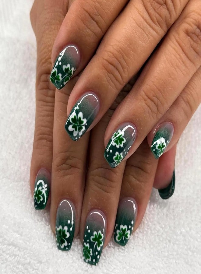 GRITOSE 24Pcs St. Patrick's Day Square Press on Nails Short Medium Fake Nails with Lucky Clover Pattern Design Green Gradient False Nails St. Patrick's Day Nails Press ons Spring Glue on Nail for Women - Image 1