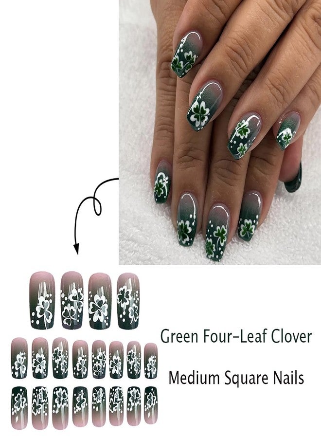 GRITOSE 24Pcs St. Patrick's Day Square Press on Nails Short Medium Fake Nails with Lucky Clover Pattern Design Green Gradient False Nails St. Patrick's Day Nails Press ons Spring Glue on Nail for Women - Image 3