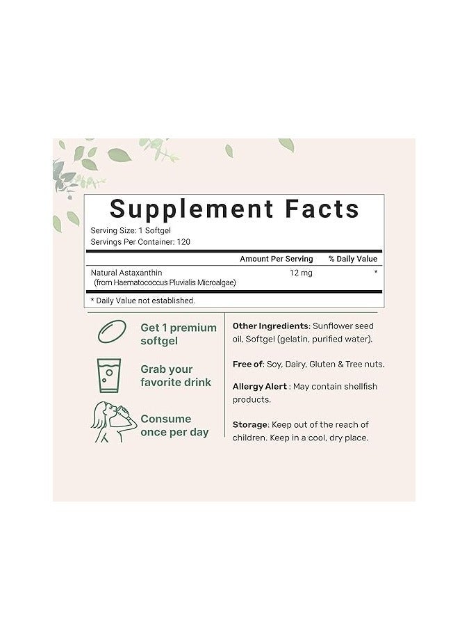 Micro Ingredients أستازانتين طبيعي 12 ملجم، 120 كبسولة هلامية - Image 2