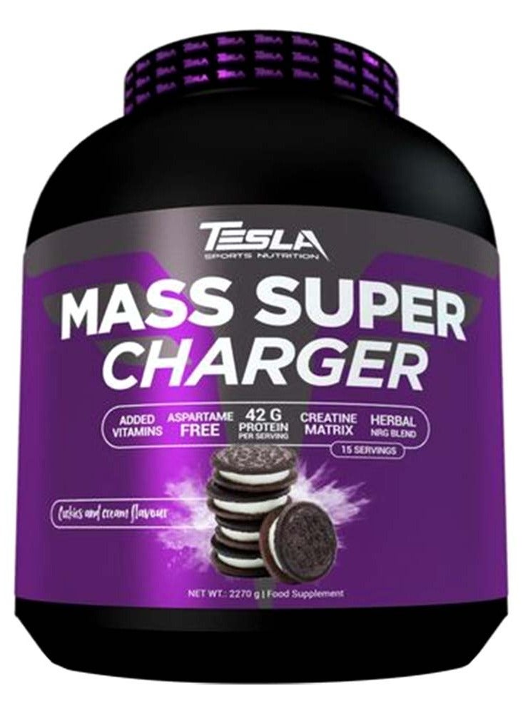تيسلا سبورتس نيوترشن Mass Super Charger، كوكيز وكريمة، 5 أرطال - 42 جرام بروتين لكل حصة، BCAAs، كرياتين وكربوهيدرات متعددة المصادر لنمو العضلات والأداء